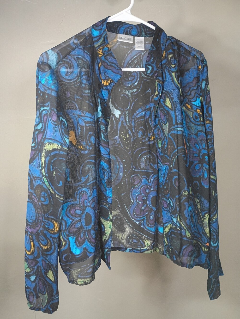 Chico's Sheer Paisley Open-Front Cardigan in Blue, Black & Golden Yellow Accents